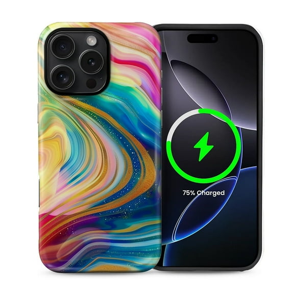 FKBRCL4U for iPhone 16 Pro Compatible with Magsafe Case Golden Glitter Rainbow Colored Swirls Pattern for Girl Boy Full Body Magnetic Design Soft Silicone Protection