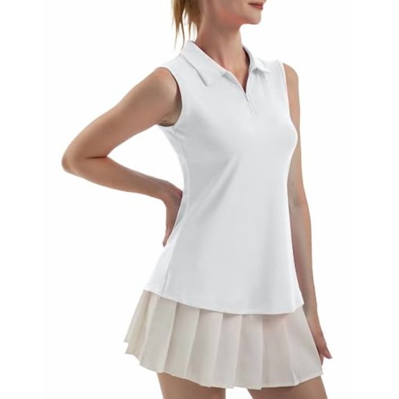 FKEEP WOMEN'S SLEEVELESS POLO GOLF TENNIS SHIRT V-NECK WITH COLLAR - S - WHITE