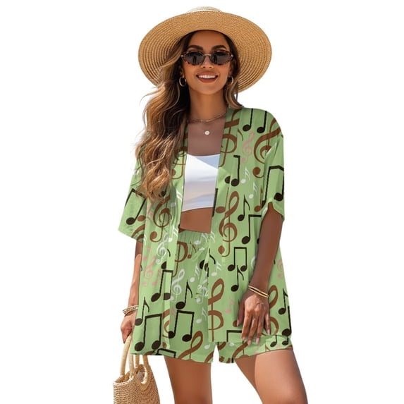 FKEKYI Musical Note Green Print Womens 2 Pcs Short Set Open Front Shirt Top Summer Outfits Shorts with Elastic Waist Beachwear Breathable Lounge Set Resort Wear, L