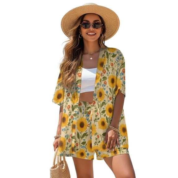 FKEKYI Sunflower Print Womens Summer Short Set 2 Piece Shirt Top & Shorts with Adjustable Waistband Casual Lounge Sets Breathable Resort Wear Beachwear Outfits, S