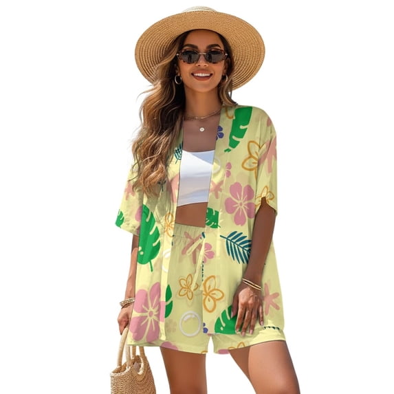 FKEKYI Women's Short Set 2 Pcs for Summer Open Front Top & Shorts with Elastic Waist Yellow Flower Leaf Print Lightweight Beach Set Resort Wear for Home Lounging, M