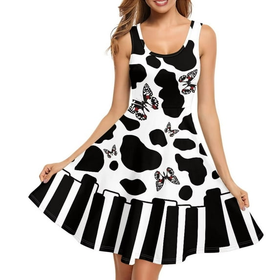 FKELIY Butterfly Sleeveless Dresses Elastic Cow Print Sleeveless Dress Midi Dress Comfy Tank Dresses for Women Casual Summer Size M