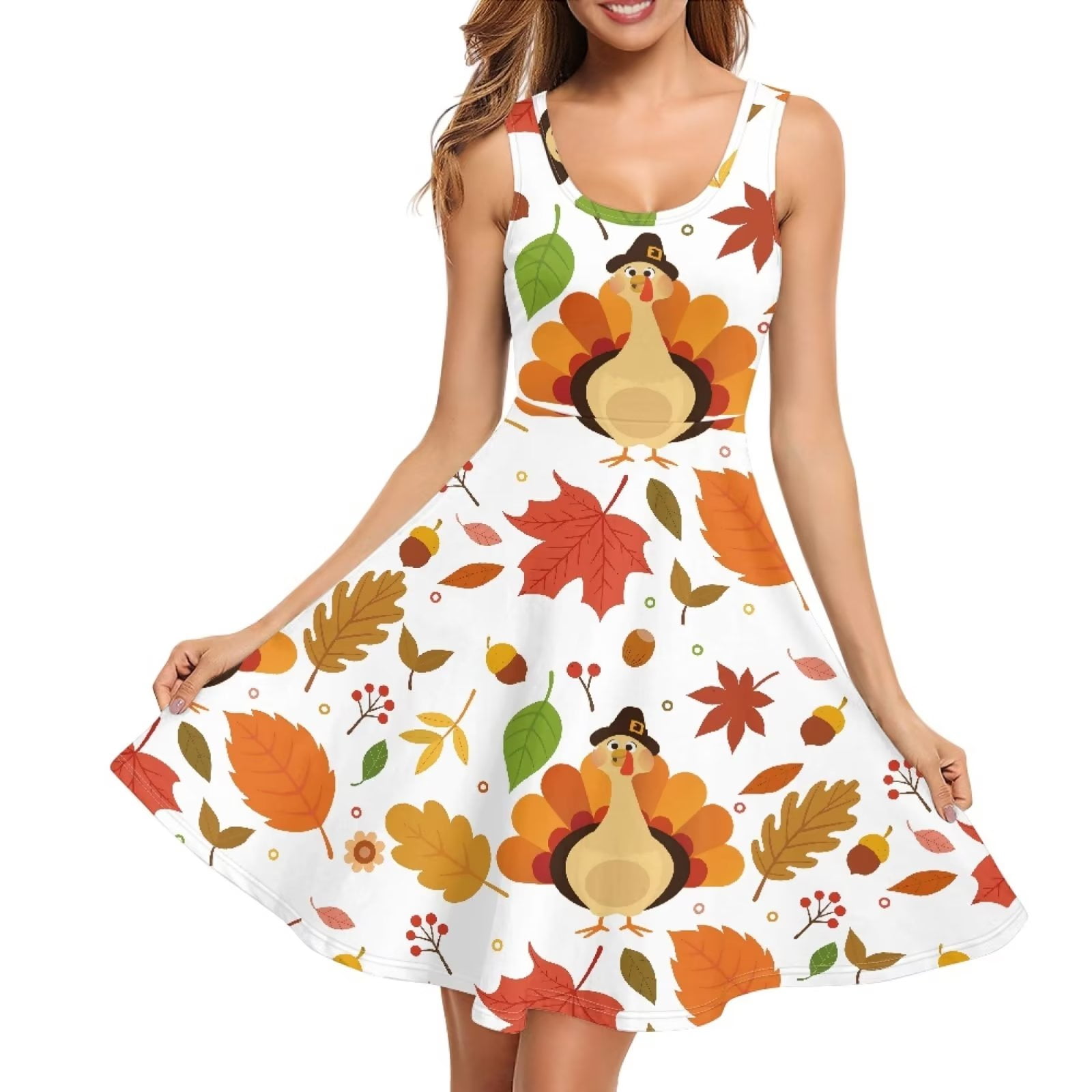 FKELIY Happy Thanksiving Sleeveless Dresses Size XS Casual Fall Maple ...