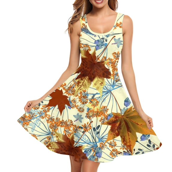 FKELIY Thanksgiving Sleeveless Dresses for Women Stretchy Sleeveless Midi Dress Size XL Durable Fall Mpale Leaves Tank Dress for Work
