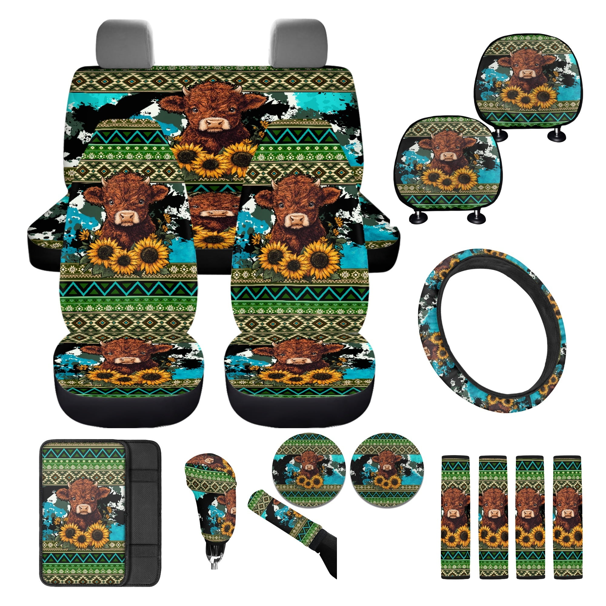 FKELYI 16 Pcs Auto Interior Set Car Seat Covers with Steering Cover Seat Belt Pads American Tribal Sunflower Highland Cow Print Armrest Pad Coasters Handbrake Covers Gear Shift Knob Sleeve