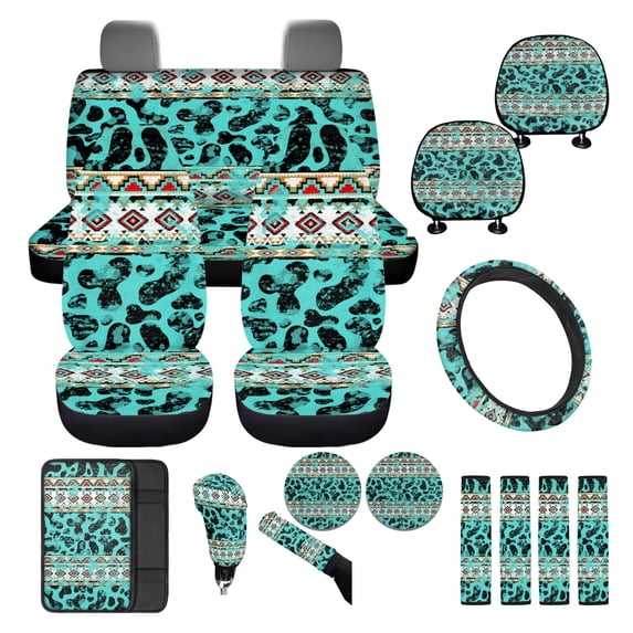 FKELYI 16 Pcs Car Seat Covers with Steering Wheel Covers Seatbelt Pads Headrest Protector American Tribal Geometric Cow Print Armrest Pad Handbrake Cover Gear Shift Cover Cup Coasters