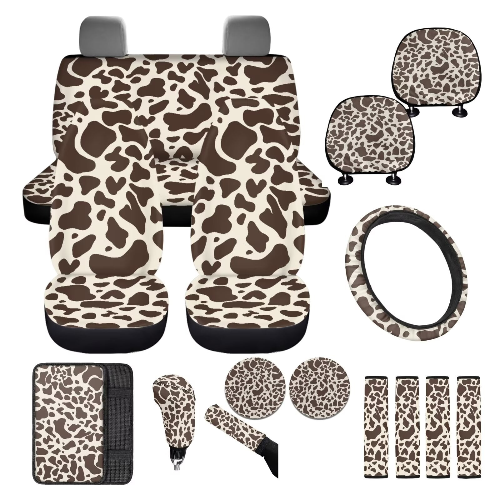FKELYI 16-Piece Car Interior Set Auto Seat Covers with Steering Wheel Covers Brown Cow Print Seat Belt Pads Headrest Covers Hanbrake Cover Gear Shift Cover Armrest Pad Coasters
