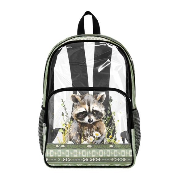 FKELYI 17 Inch Clear Backpack for Boys & Girls, Kids Backpack See Through Schoolbag Spacious Bookbag Aztec Tribal Raccoon Print Travel Bags for Elementary Student