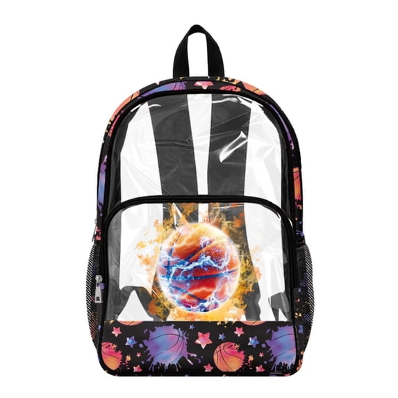 FKELYI 17 Inch Clear Backpack for Boys & Girls, Kids Backpack See Through Schoolbag Starry Lightning Basketball Print Spacious Bookbag Travel Bags for Elementary Student
