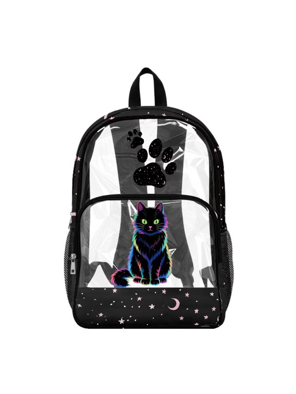 17 Inch Clear Backpack for Boys & Girls, Kids Backpack Star Black Cat Paw Print See Through Schoolbag Spacious Bookbag Travel Bags for Elementary Student