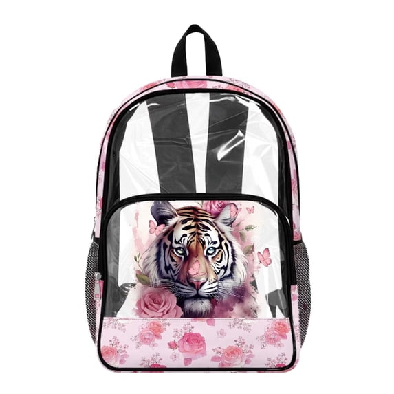 FKELYI 17 Inch Clear Backpacks for Kids School Bookbag Pink Rose Butterfly Tiger Print Lightweight Transprent Schoolbag for Elementary Student Daypack Rucksack