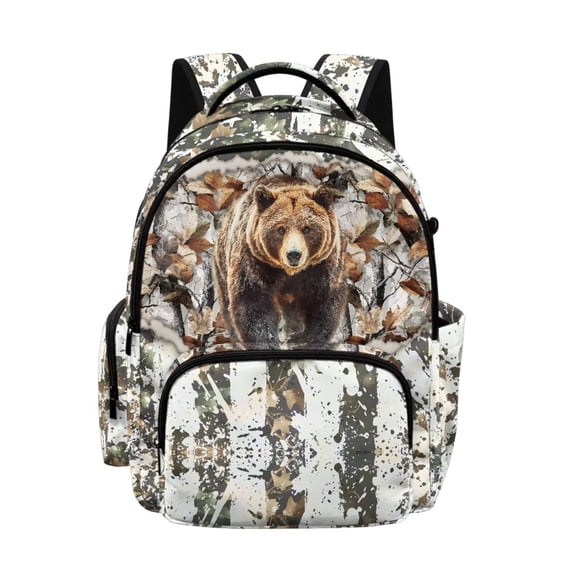 FKELYI 17 Inch School Backpack for Boys & Girls Spacious Schoolbag for Elementary Student Hunting Leaf Camo Bear Print Casual Daypack Lightweight Book Bag Travel Bags