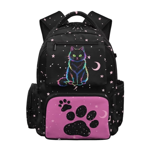 FKELYI 17 Inch School Backpack for Kids Schoolbag Primary School Daypack with Multi-Pockets Moon Star Cat Paw Black Print Spacious Rucksack Bookbag for Elementary Student