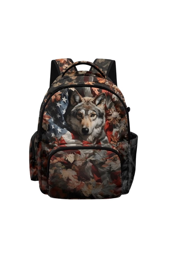 17 Inch School Backpacks Spacious Kids Backpack Hunting Forest Wolf USA Flag Print Lightweight School Bookbag for Boys Girls Casual Daypack Schoolbag Rucksack