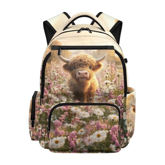 FKELYI 17 Inch School Bookbag for Kids Backpack with Multi-Pockets Highland Cow Flower Print Primary Schoolbag for Boys Girls Casual Daypack Lightweight Rucksack Travel Bags