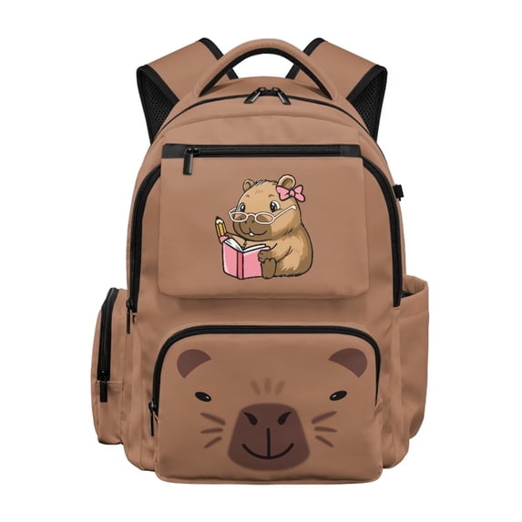 FKELYI 17 Inch School Bookbag for Kids Backpack Spacious Schoolbag Brown Cartoon Capybara Print Casual Daypack with Multi-Pockets Lightweight Travel Knapsack for Boys Girls