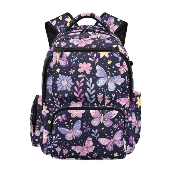 FKELYI 17 Inch Schoolbag for Girls Primary School Bookbag Kids Backpack with Multi-Pockets Purple Flower Butterfly Print Lightweight Casual Daypack Travel Rucksack