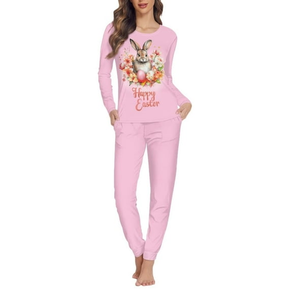 FKELYI 2 PCS Flower Rabbit Pj Night Wear Casual Easter Eggs Party Sleepwear Pajamas for Women Pink Comfortable Long Sleeve Nightwear Size 3XL