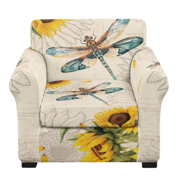 FKELYI 2 Pcs Armchair Covers Set for Living Room Non-Slip Sofa Cover with Separate Cushion Cover Sunflower Dragonfly Print Stretch Furniture Protector Washable Couch Decor Cover