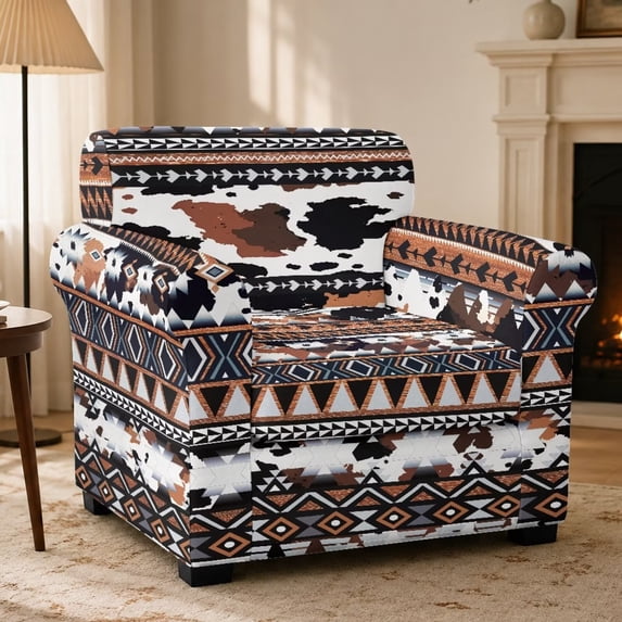 FKELYI 2 Pcs Stretch Armchair Slipcover with Individual Cushion Cover Aztec Tribal Geometric Cow Print Non-Slip Furniture Protector for Living Room Couch Sofa Covers