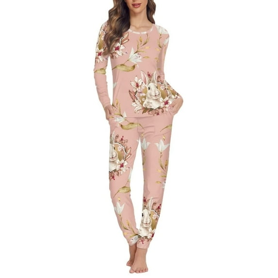 FKELYI 2-Piece Flower Pj for Women Stretchy Long Sleeve Top and Pants Loungewear Size 5XL Soft Easter Rabbit Sleepwear Pajamas for Hoilday Party