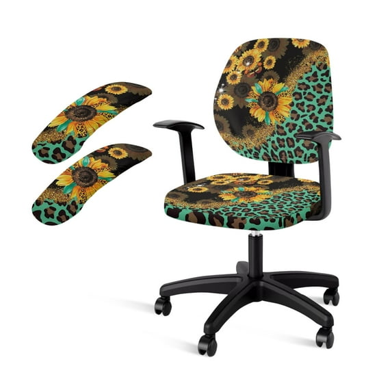 FKELYI 2 Piece Office Chair Slipcovers with Armrest Covers Green Sunflower Leopard Print Stretch Fabric Swivel Chair Cover for Computer Chair Armchair Washable Protector