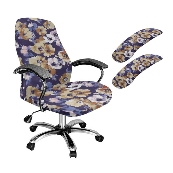 FKELYI 3 Pcs Set Office Chair Cover with Armrest Cover Stretchable Swivel Gaming Chair Protector Purple Retro Flower Print Dustproof Boss Armchair Decor, Large