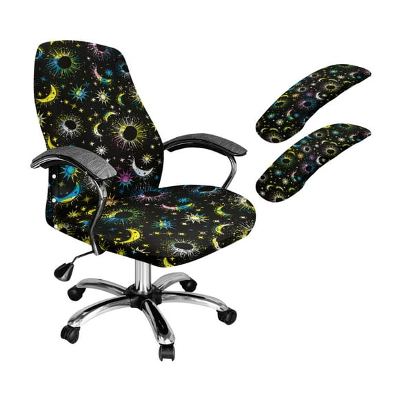 FKELYI 3 Pcs Set Office Chair Cover with Armrest Covers Asterism Moon Star Print Anti-Dust High Back Swivel Boss Chair Slipcover Gaming Armchair Protector, Large