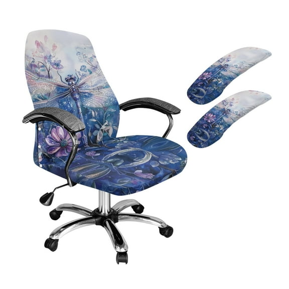 FKELYI 3 Pcs Set Office Chair Cover with Armrest Covers Purple Floral Dragonfly Print Anti-Dust Swivel Boss Chair Slipcover Gaming Armchair Protector, Small