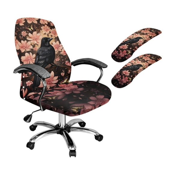 FKELYI 3 Piece Set Office Chair Cover with Armrest Cover Black Raven Pink Floral Print Stretchable Swivel Gaming Chair Protector Dustproof Boss Armchair Decor, Large