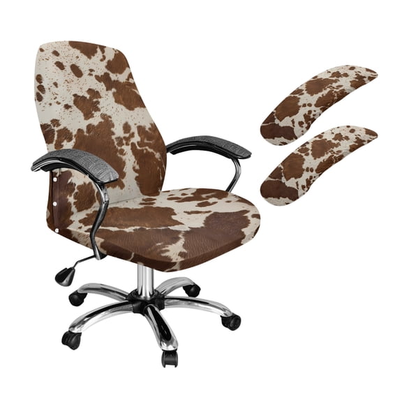 FKELYI 3 Piece Set Office Chair Cover with Armrest Cover Brown Cow Print Stretch Fabric Swivel Gaming Chair Protector Dustproof Boss Armchair Decor, Large