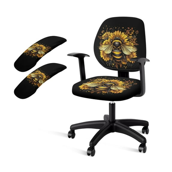 FKELYI 4 Pcs Set Office Chair Slipcovers with Removable Arm Rest Covers Vintage Sunflower Bee Print Stretchable Swivel Computer Chair Cover Breathable Armchair Protector