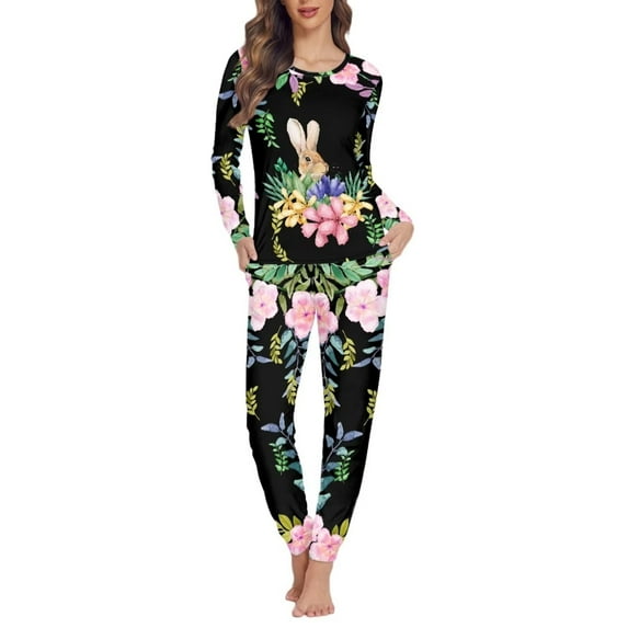FKELYI Aesthetic Flower Pajamas Size M Soft Easter Rabbit Nightwear for Women Sleepwear 2 PCS Stretchy Home Long Sleeve Pjs Skin Friendly