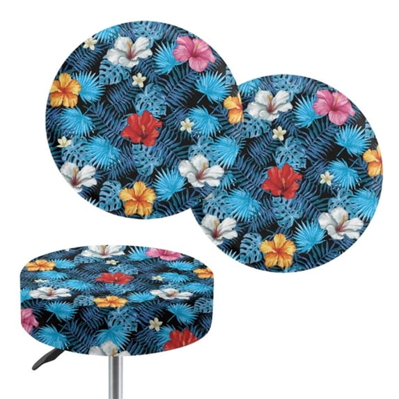 FKELYI Aesthetic Round Stool Cover 2-Piece Hibiscus Flowers Stretchy Round Chair Cover for Home Soft Round Bar Stool Seat Cover with Elastic Size S