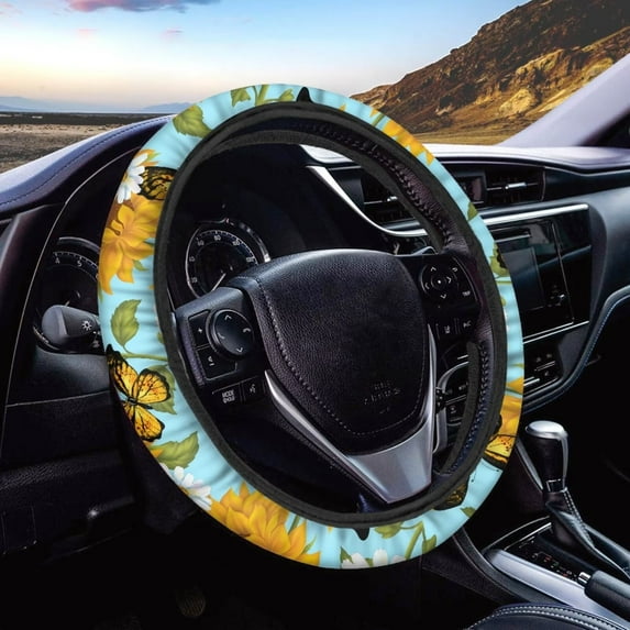 FKELYI Aesthetic Steering Wheel Cover Car Decor Foldable Car Steering Wheel Cover for Women Leisure Sunflower Butterfly Stretch-on Cover Auto Accessories