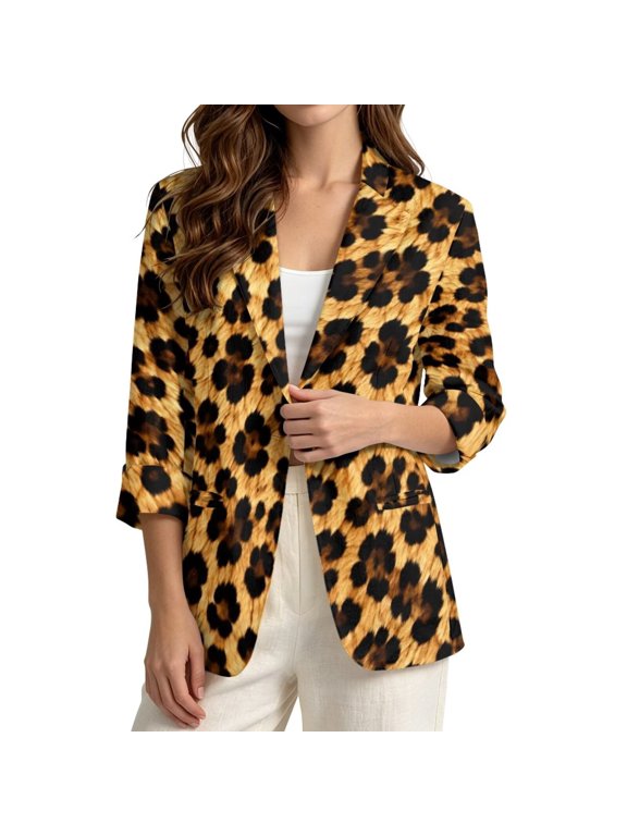 Amber Leopard Print Women's Faux Linen Blazer Jacket with Pockets One Button Design Cardigan Coat Lightweight Breathable Casual Outfit for Work Business, 2XL