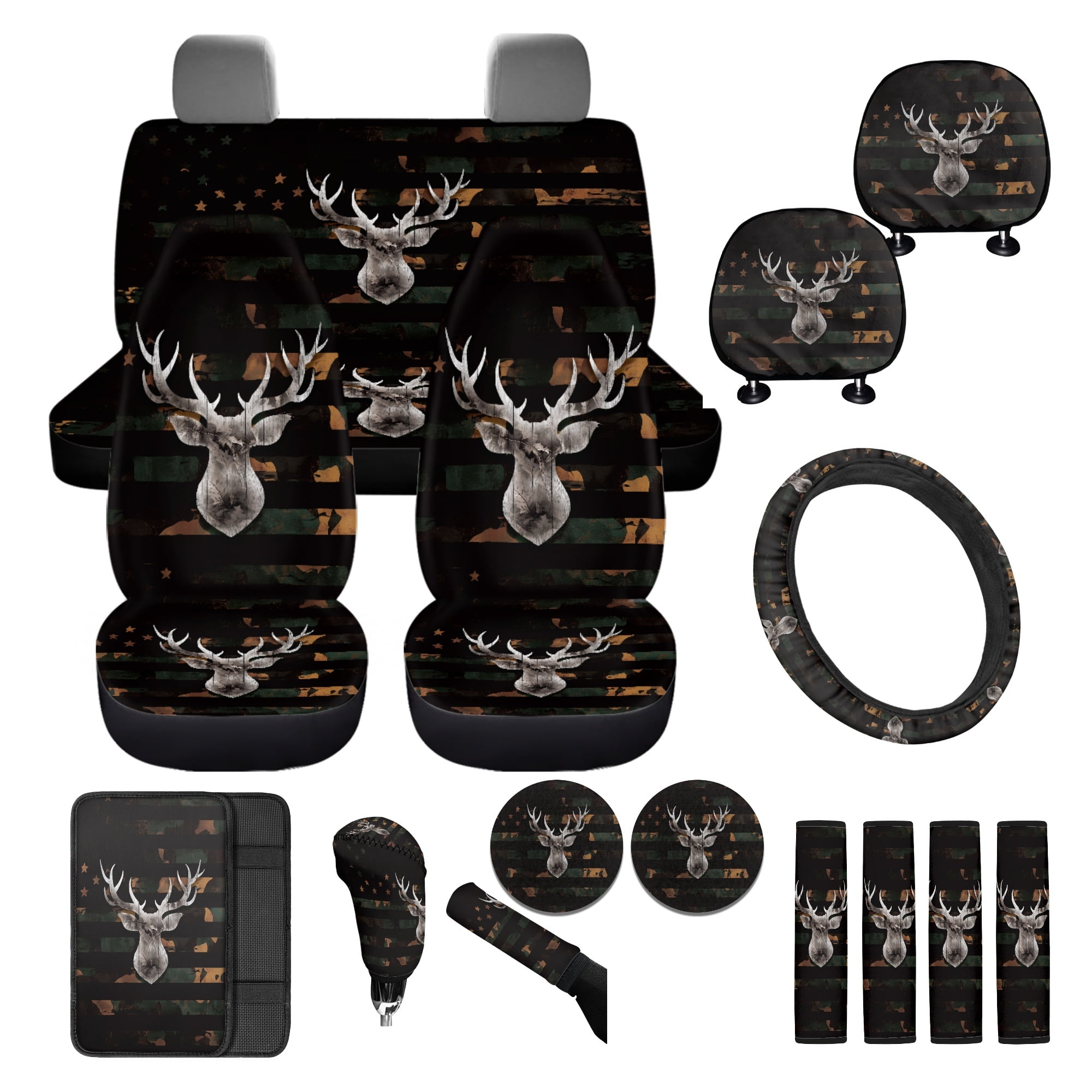 FKELYI American Flag Antler Print Car Seat Covers with Steering Wheel Cover Auto Center Console Pad Seat Belt Pads Head Rest Covers Gear Shift Cover Hanbrake Cover, 16 Piece Interior Decor