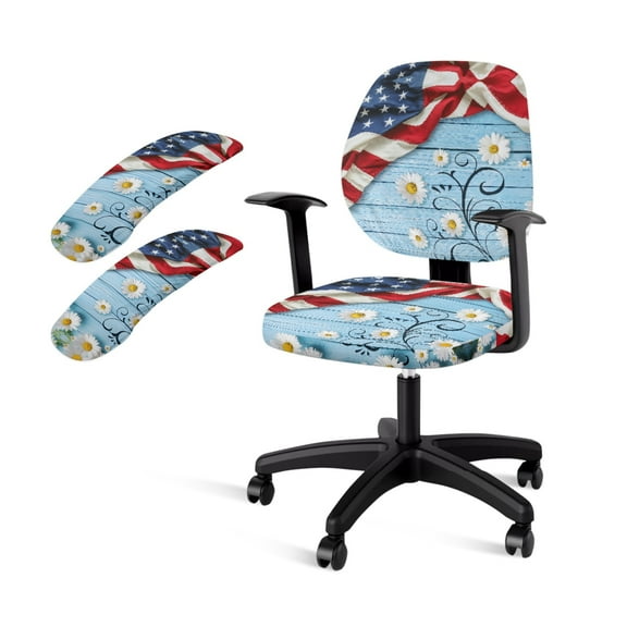 FKELYI American Flag Daisy Flower Print Office Chair Coves 4 Piece Set Anti-Dust Swivel Computer Chair Slipcovers with Removable Armrest Covers for Armchair Home Office Decor