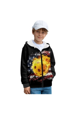 American Flag Fire Pickleball Print Zipper Front Hoodies for Kids Long Sleeve Sweatshirt Boys Girls Fleece Jacket with Pockets Fall Top Winter Clothes, L
