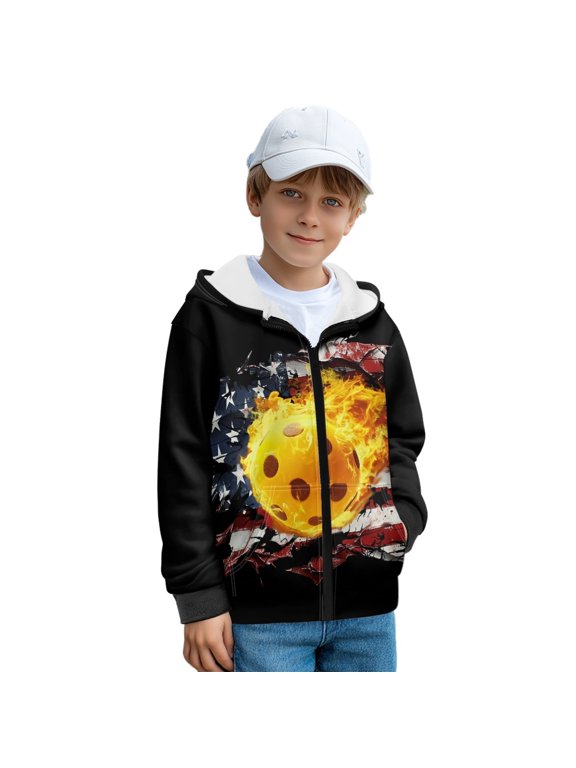 American Flag Fire Pickleball Print Zipper Front Hoodies for Kids Long Sleeve Sweatshirt Boys Girls Fleece Jacket with Pockets Fall Top Winter Clothes, L