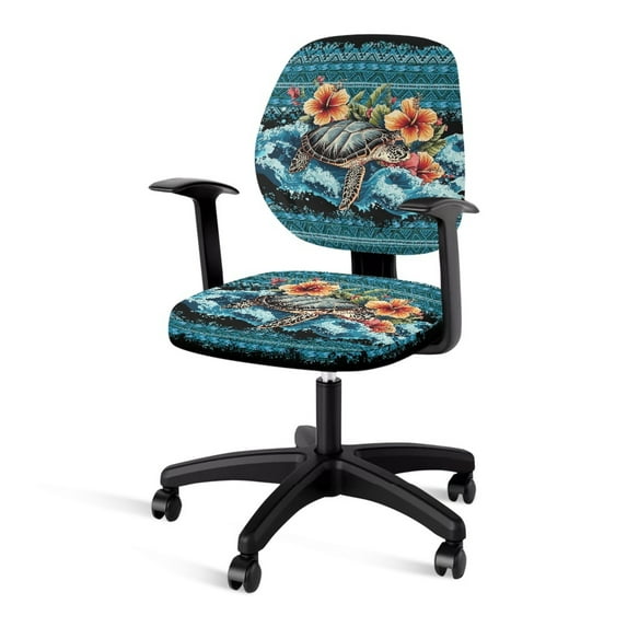 FKELYI American Hibiscus Floral Turtle Print Office Chair Slipcover 2 Piece Soft Fabric Desk Chair Cover Removable Computer Chair Protective Cover Washable Dining Chair Cover