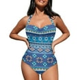 thumbnail image 1 of FKELYI American Tribal Blue Geometric Print Women's V Neck Swimwear One Piece Swimsuit with Soft Pad Tummy Control Bathing Suits Halter Monokini for Lady Summer Swimming, M, 1 of 6