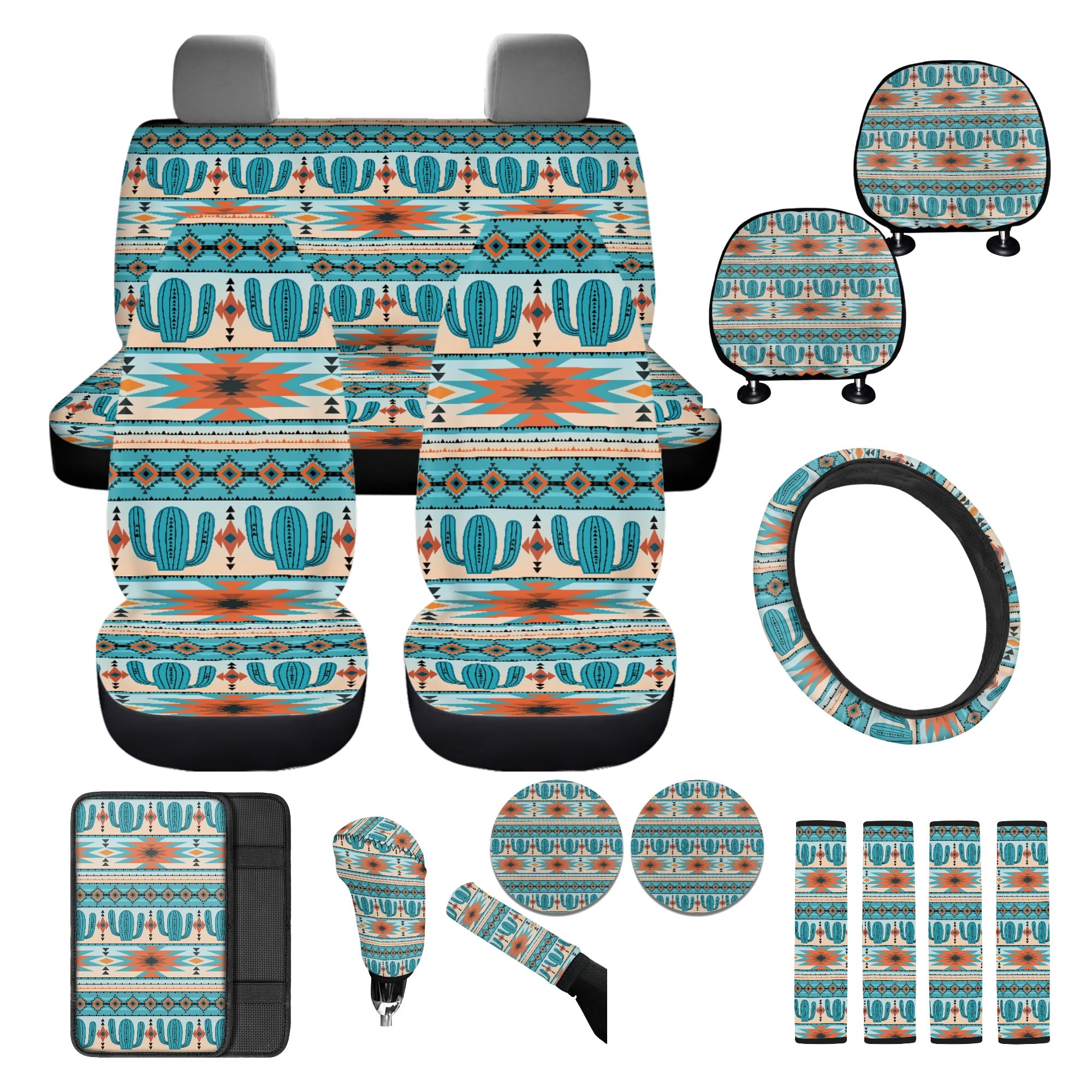 FKELYI American Tribal Cactus Plant Print Car Seat Covers with Steering Wheel Cover Seatbelt Pads Cover Cup Coaster Armrest Pads Hearest Cover Gear Shift Knob Sleeve, 16 Pcs Car Interior Set