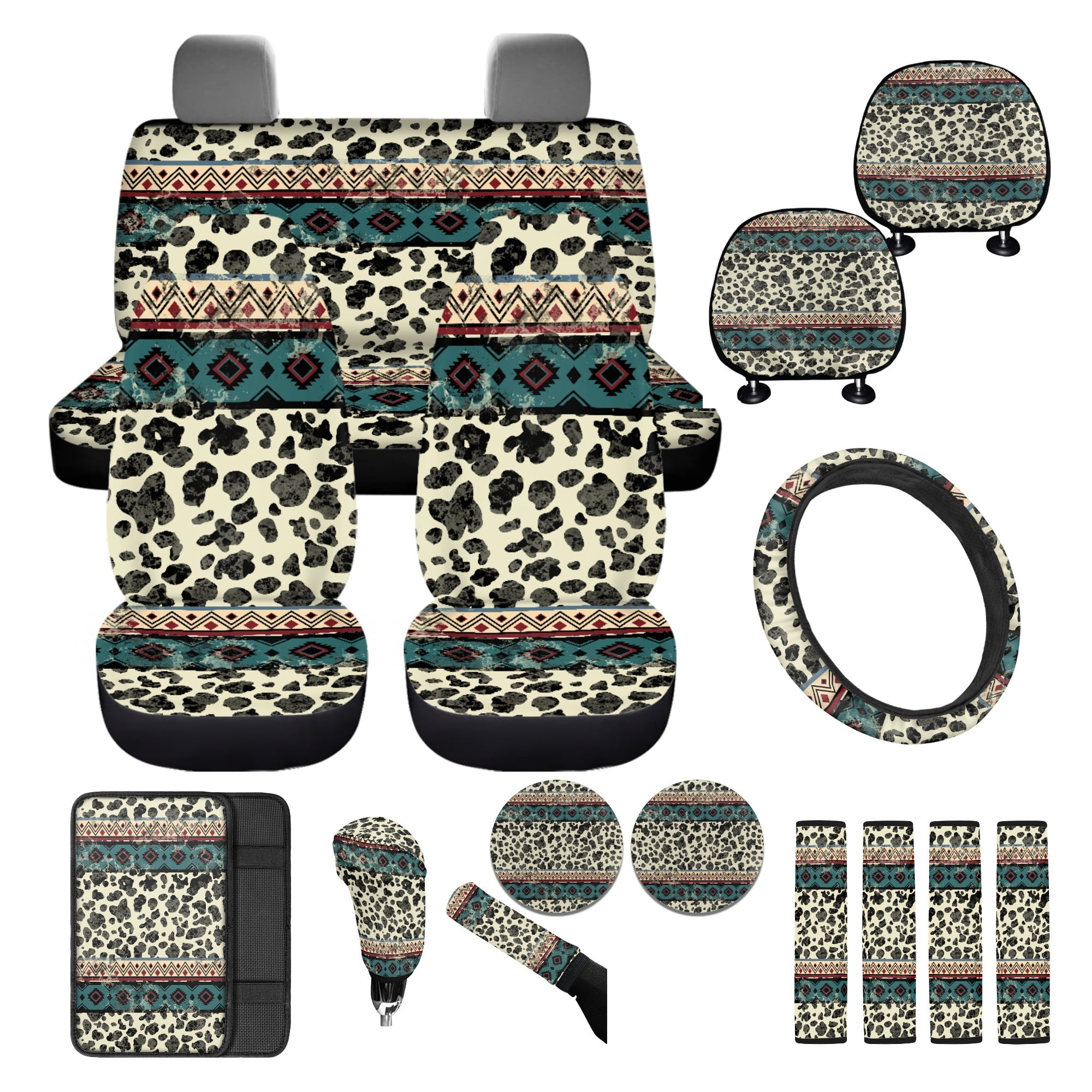 FKELYI American Tribal Cow Print 16 Pcs Auto Interior Set Car Seat Covers with Steering Cover Seat Belt Pads Armrest Pad Coasters Headrest Protector Handbrake Covers Gear Shift Knob Sleeve