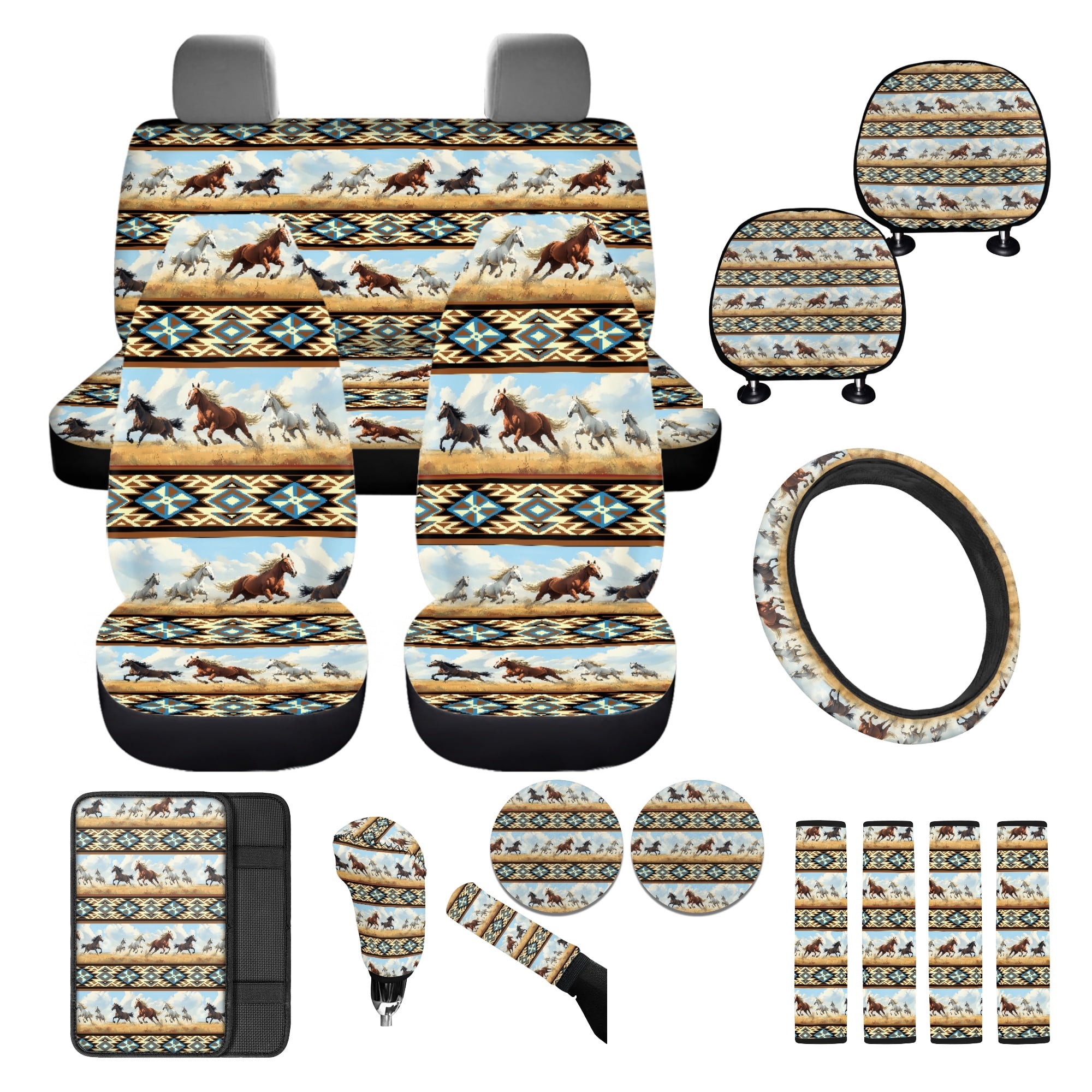 FKELYI American Tribal Horse Print 16 Pcs Car Seat Covers with Steering Wheel Cover Seatbelt Pads Headrest Protector Universal Fit Armrest Pad Handbrake Cover Gear Shift Cover Cup Coasters