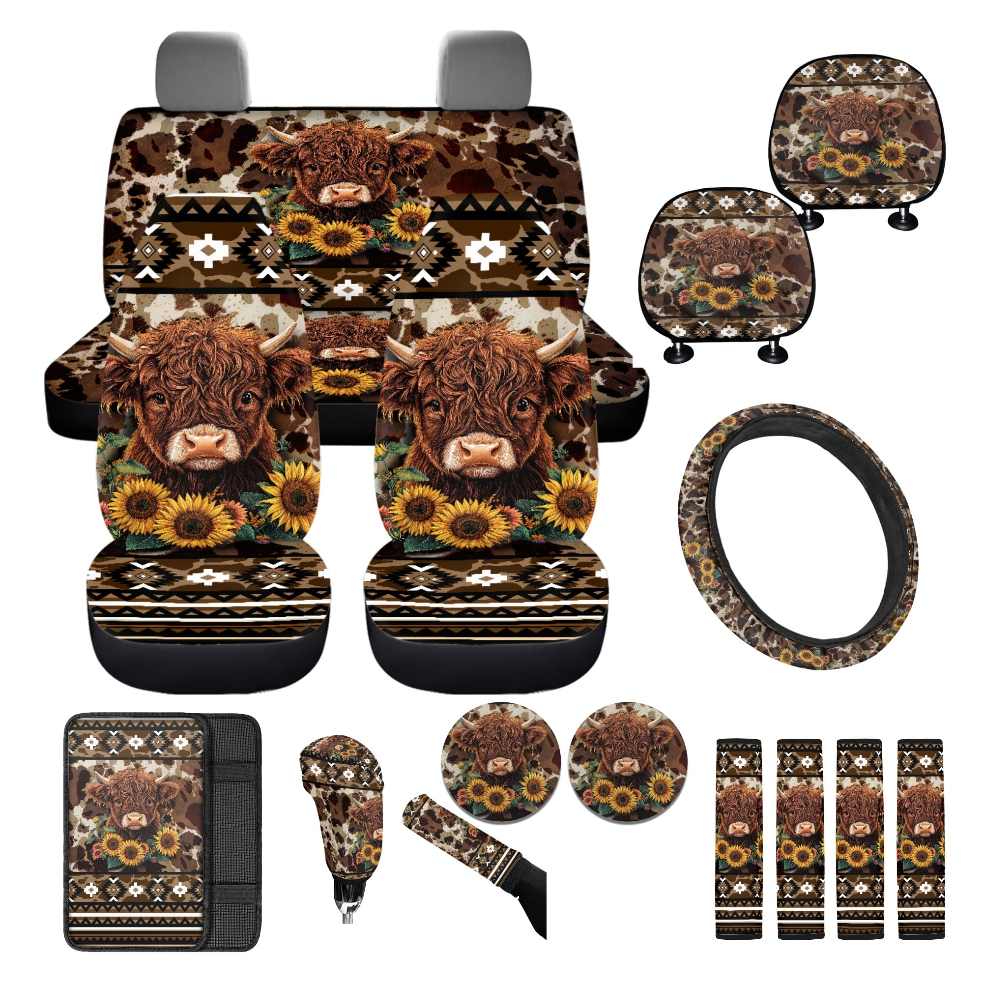 FKELYI American Tribal Sunflower Highland Cow Print 16 Pcs Auto Interior Set Car Seat Covers with Steering Cover Seat Belt Pads Armrest Pad Coasters Headrest Handbrake Covers Gear Shift Knob Sleeve