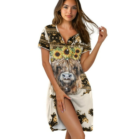 FKELYI American Tribal Sunflower Highland Cow Print Nightgowns Button Down Nightdress for Women Summer Sleepwear Dress Nightshirt Dress Crew Neck Lounge Wear Dress Short Sleeve Pajama Dress, M