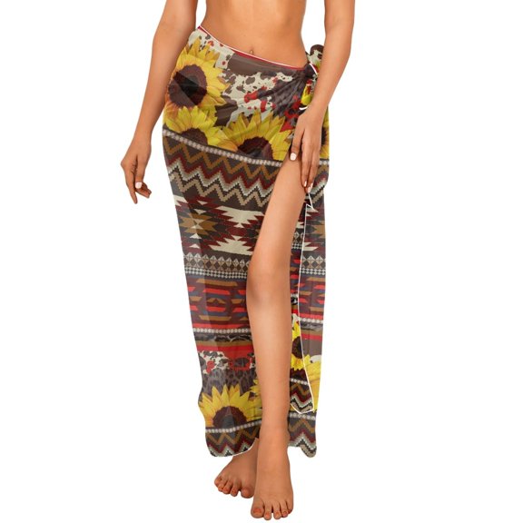 FKELYI American Tribal Sunflower Red Print Women Sarong Soft Swimsuit Coverups for Summer Chiffon Long Bikini Wraps Semi-Sheer Beach Pareo Bathing Suit Cover Up Beach Dress