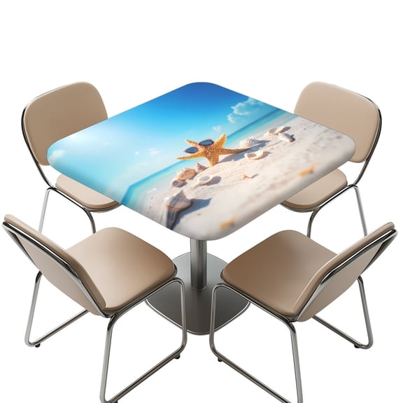 FKELYI Anti-Dust Tablecloth Square Fitted Table Cloths Funny Starfish Beach Shell Print Washable Outdoor Folding Table Cover with Elastic Edge for Kitchen Decoration, 34x34 inch