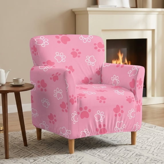 FKELYI Armchair Slipcover Stretchable Couch Sofa Cover with Elastic Bottom Pink Dog Cat Paw Print Furniture Protector for Living Room Office Reception Reading Sofa